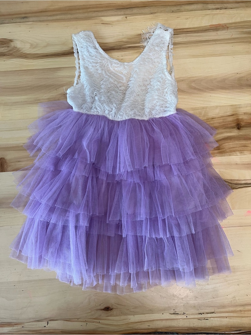 Girls White Lace & Purple Tulle Ruffle Flower girl Dress